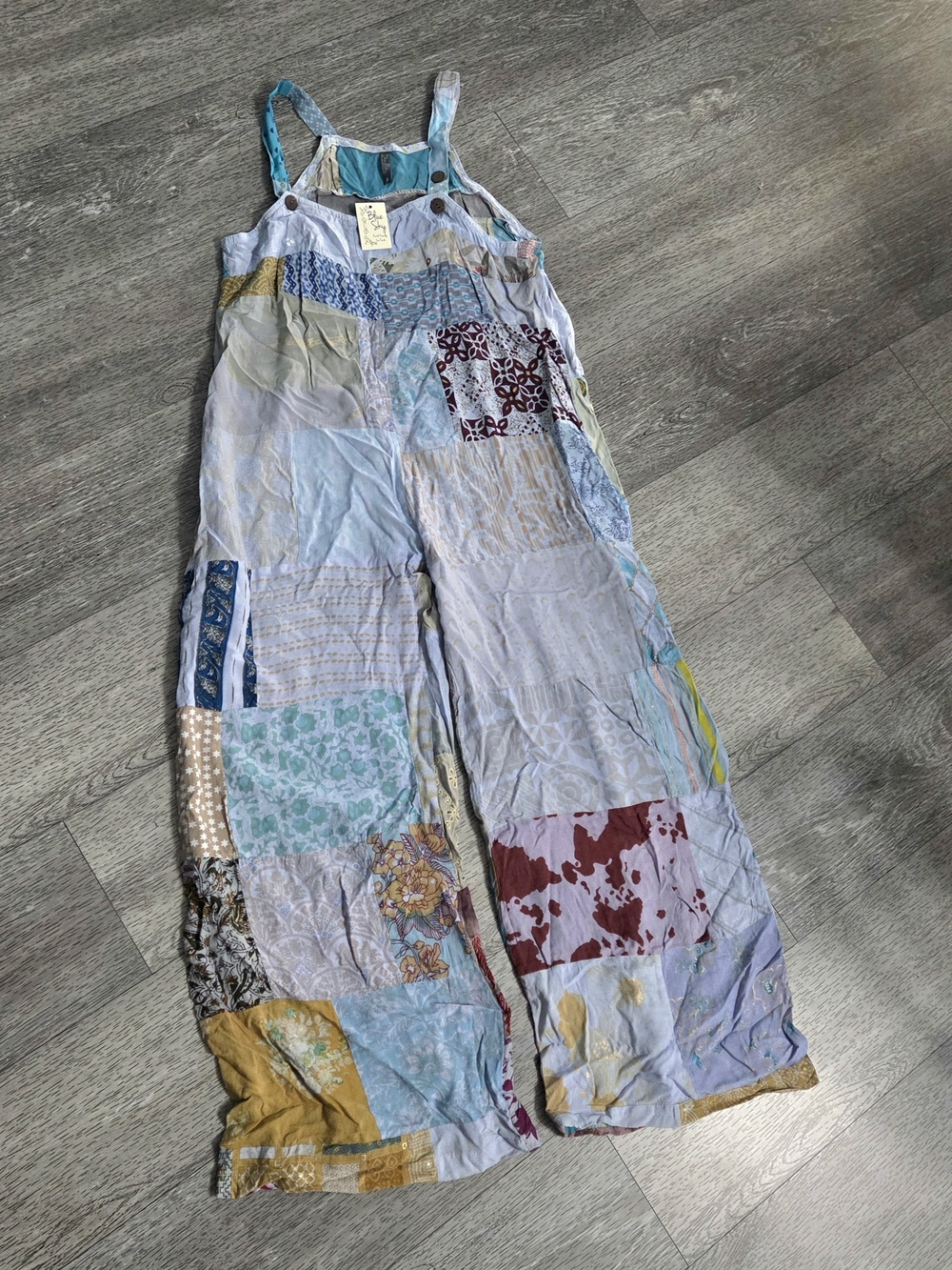 Blue Sky Patchwork Gauze Wide-Leg Jumpsuit in Light Blue Multi